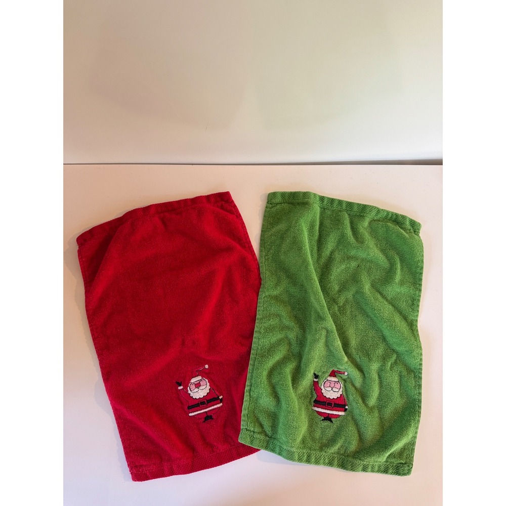 Vintage Ames Christmas Hand Towels Set Red Green Embroidered Santa 100% Cotton